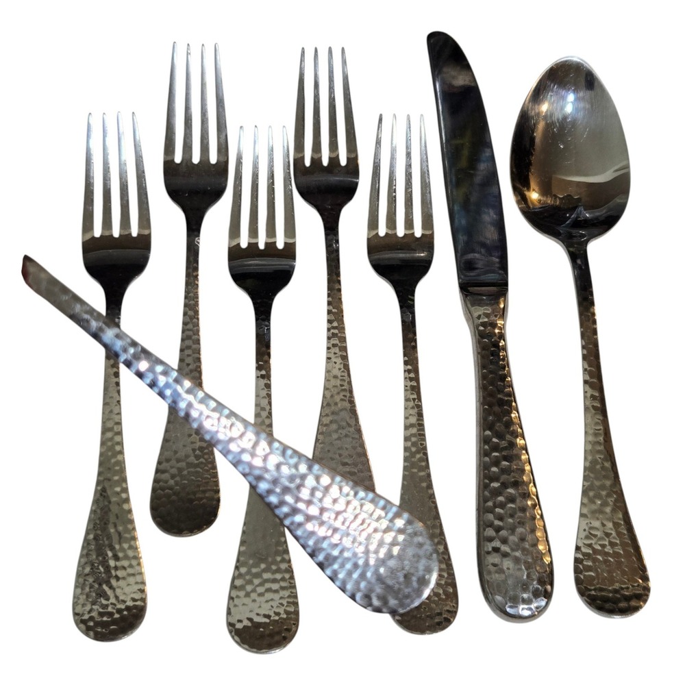 8 Wallace Continental Hammered 18/10 Stainless Steel Flatware Salad Forks Spoon